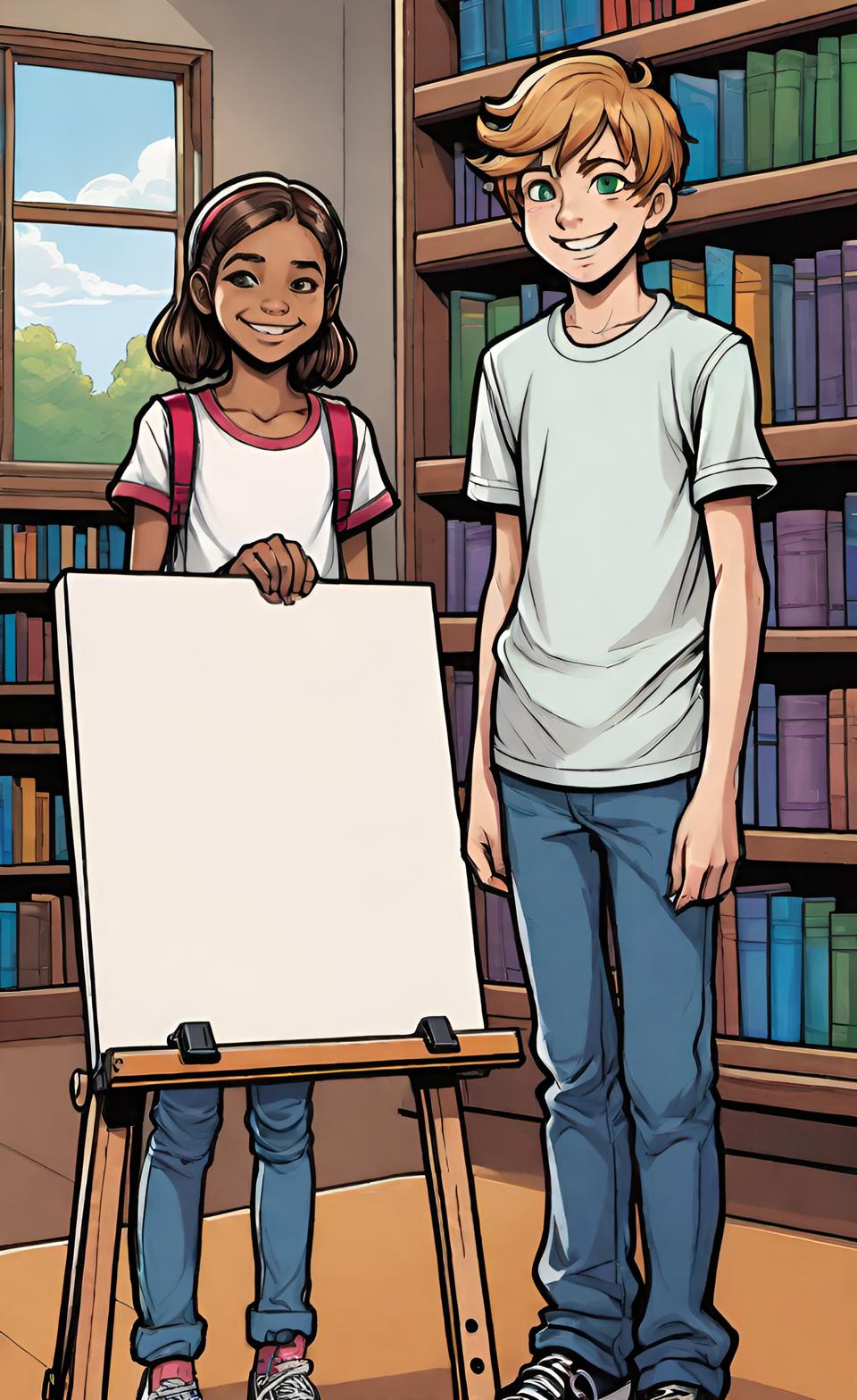 AI generated cartoon of 2 teens standing in a library with a blank canvas