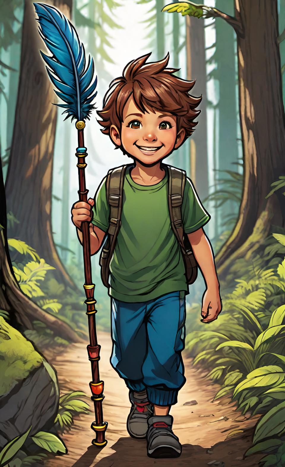 AI illustration of a child walking through the forest with a fancy walking stick.