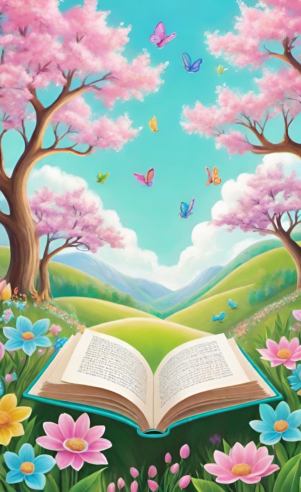 Book in a spring fields with flowers, butterflies, pink trees, and mountains