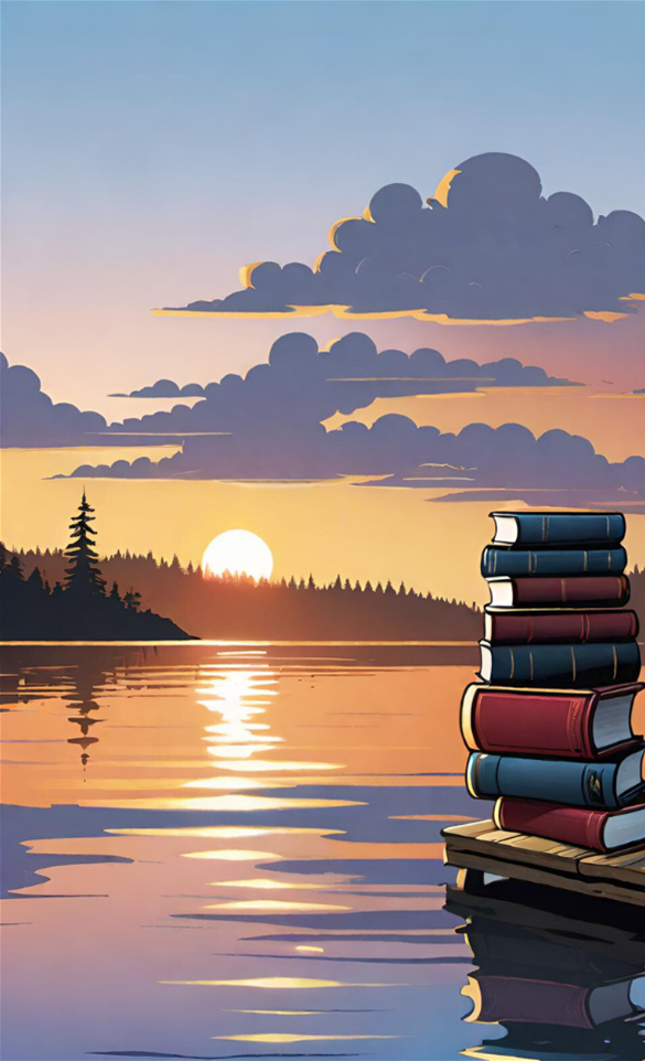 AI illustration of a stack of books on a pier by a lake at sunrise