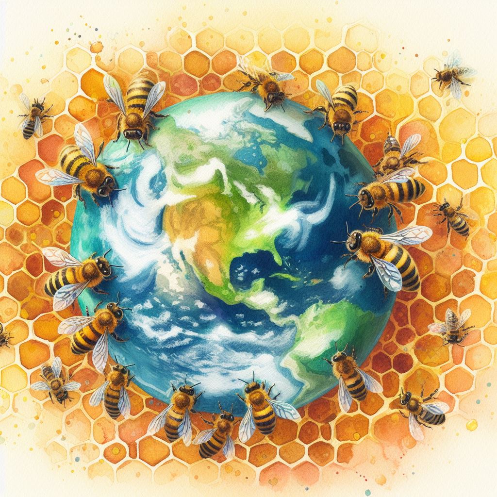 Watercolor image of the earth surrounded by honeycomb and bees.