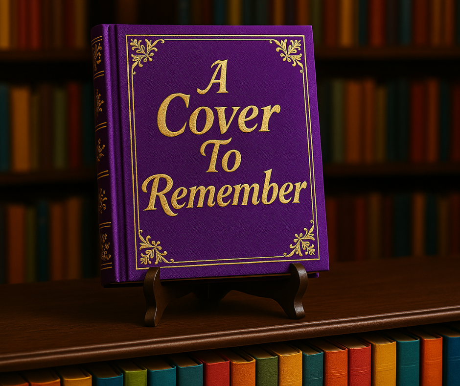 A Cover To Remember written on a purple book.