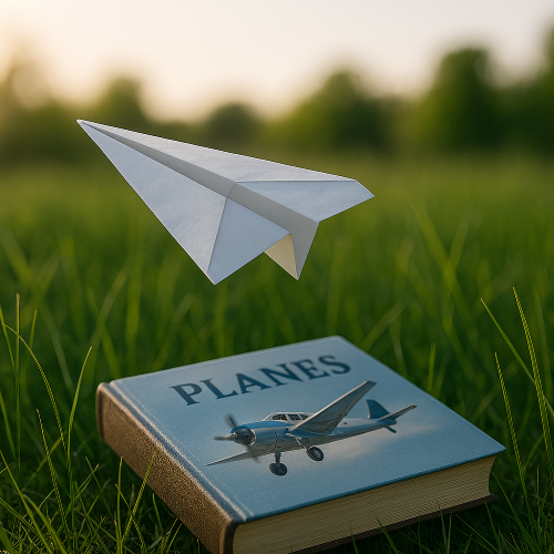 Paper plane hovering over a book about planes in the grass
