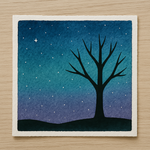 Simplistic night sky painting on a piece of paper with a black tree outline over it.