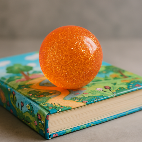 Orange bouncy ball on a book