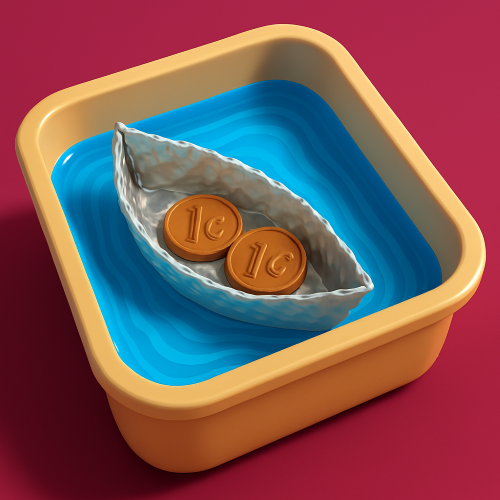 Tinfoil boat with pennies inside floating in a plastic bin.