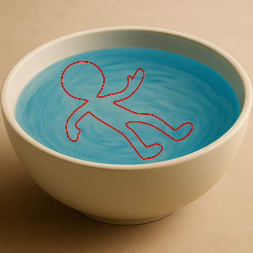 3D model  of a red stick figure floating in a bowl of water.