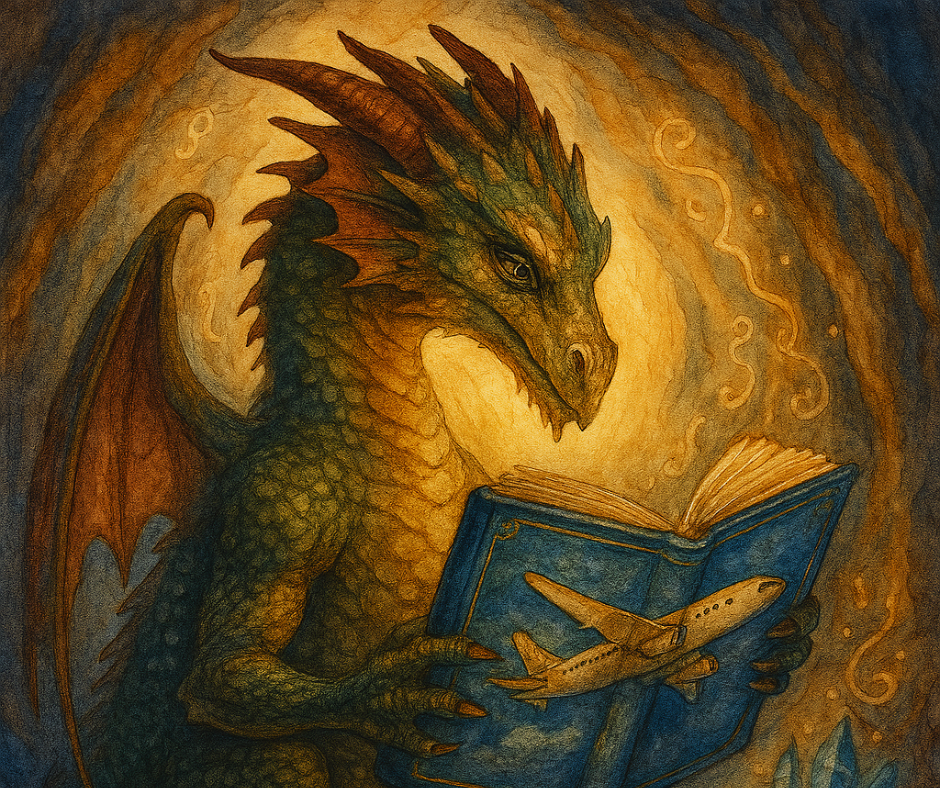 Illustration of a dragon reading a book with a plane on the cover in a cave.