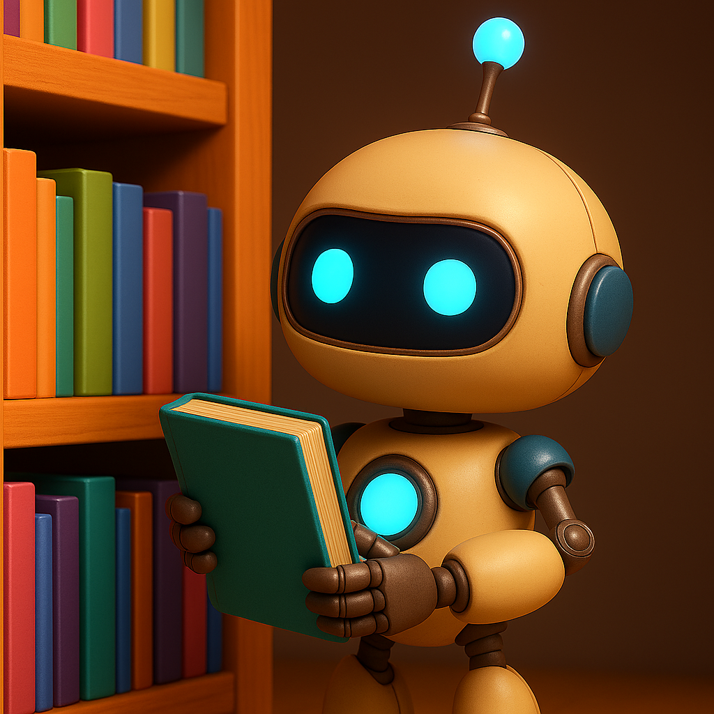 3D pixar style image of a cute robot taking a book off of a bookshelf filled with brightly colored books.