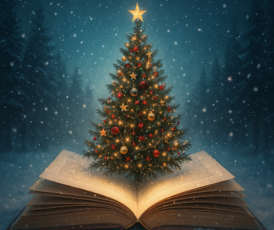 Square digital image of an open book in a wintery setting with a beautifully decorated Christmas tree popping up out of the pages.