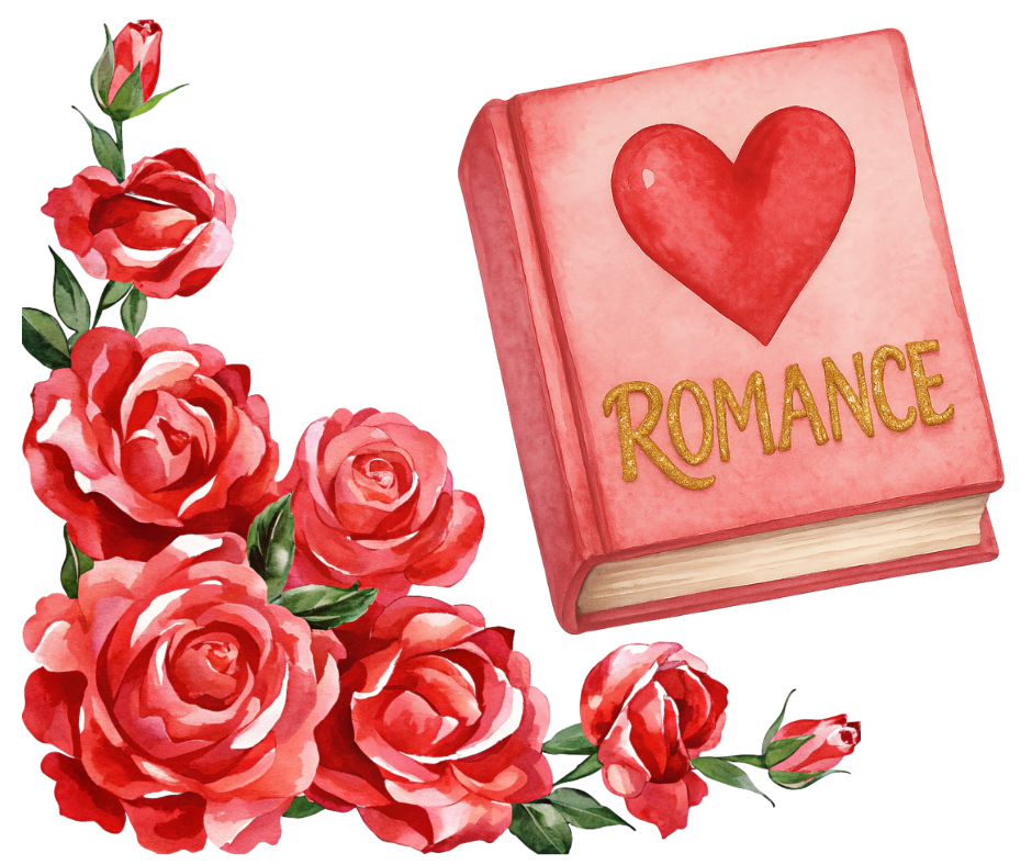 Watercolor cascade of roses and a watercolor Romance book.
