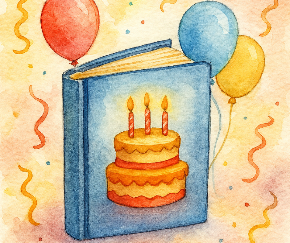 Square, Beautiful watercolor image of a book with a birthday cake on the cover. There are balloons and streamers in the background.