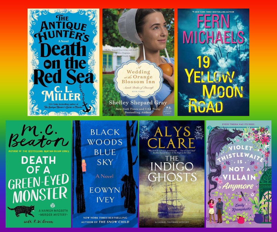 Collage of books with a color in the title over a rainbow gradient background.