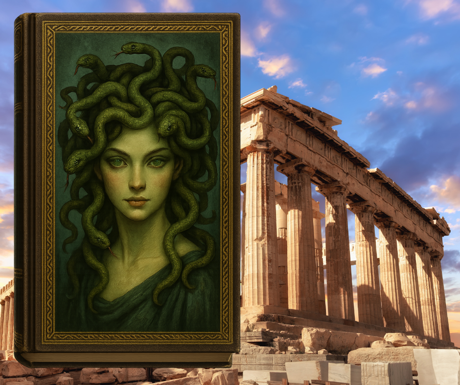 Illustration of a book with Medusa on the cover overlaid on a picture of the Parthenon.