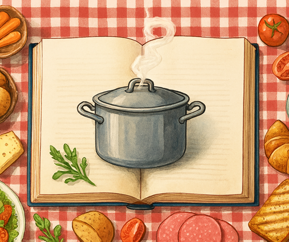 Digital image of an open book with a cooking pot in the middle on a table with a red checkered table cloth surrounded by food.