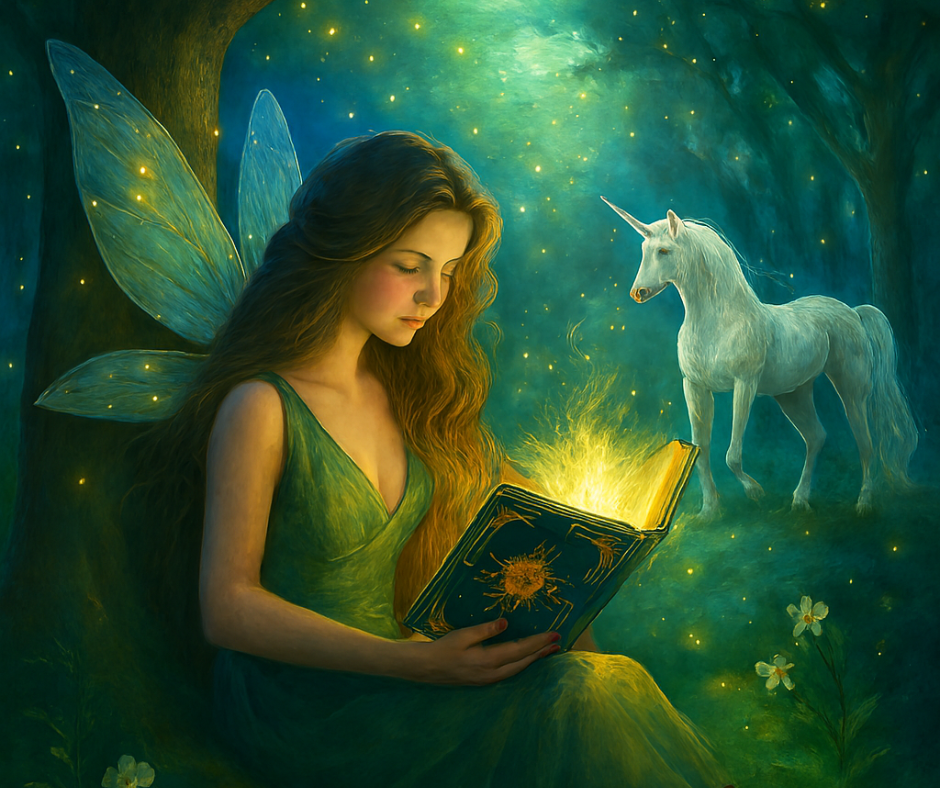 Square watercolor image of a fairy reading a  magical looking book in a forest with a unicorn in the background.