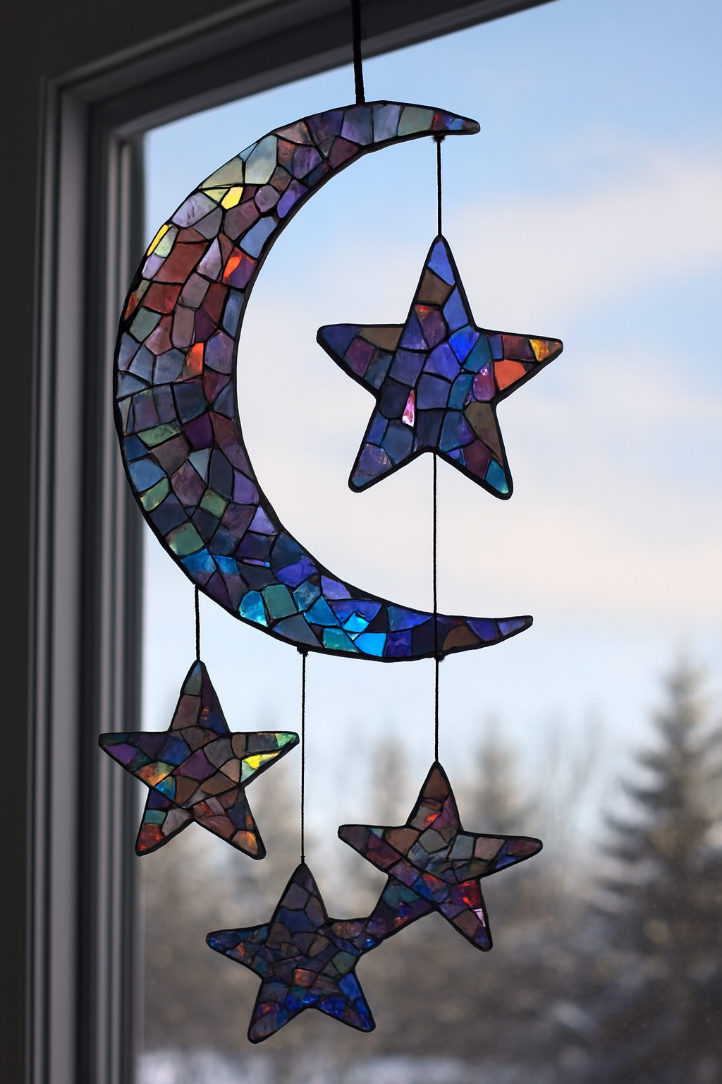 Holographic mobile with a moon and stars in front of a window.