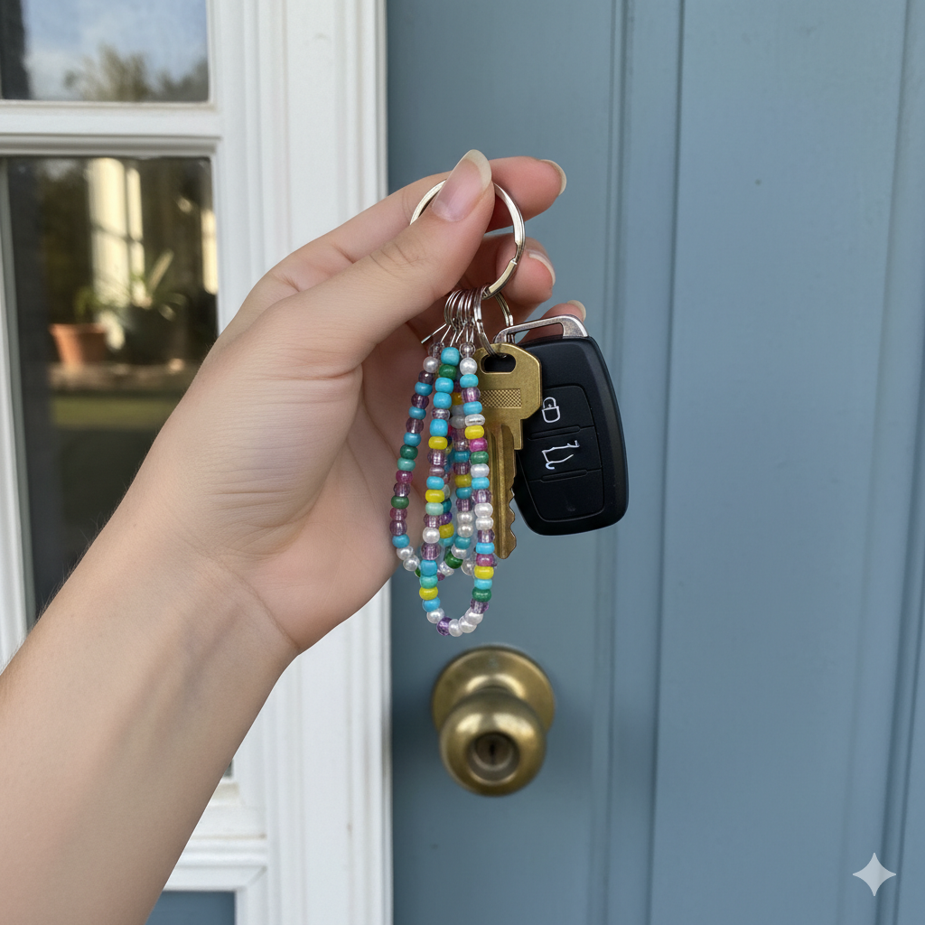 Photorealistic image of a teen girls hand holding a silver keychain with loops of pretty beads hanging from it in pretty colors and a house key and car key. The hand is in front of the door to a house.