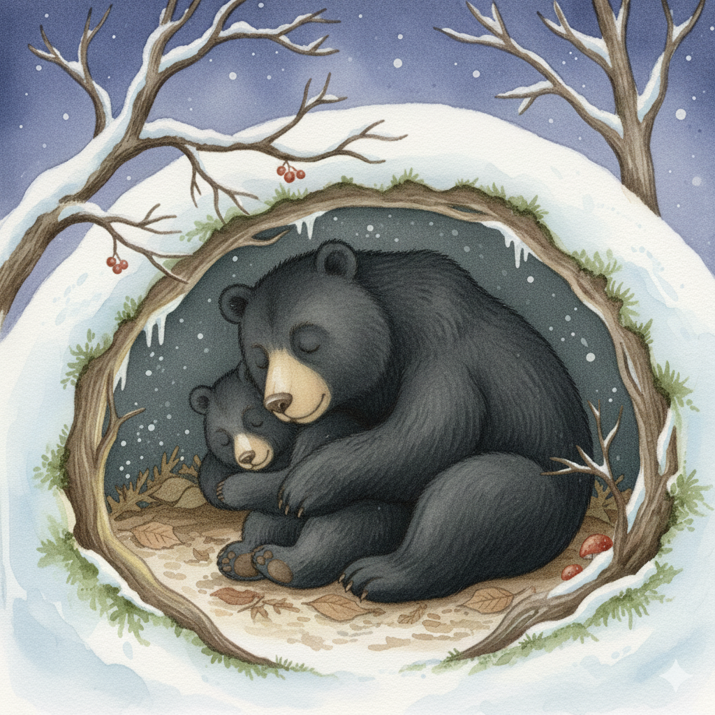 watercolor children's book style illustration of a bear and bear cubs hibernating during winter