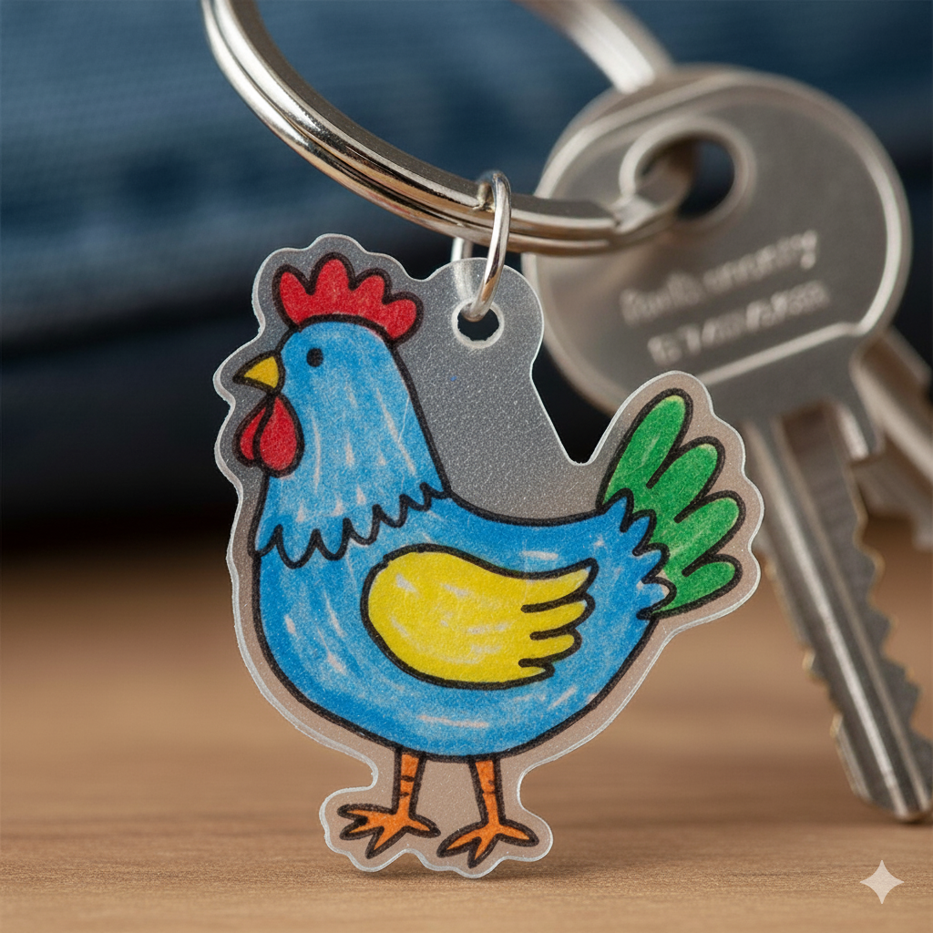 Shrinky Dink chicken on a keychain.