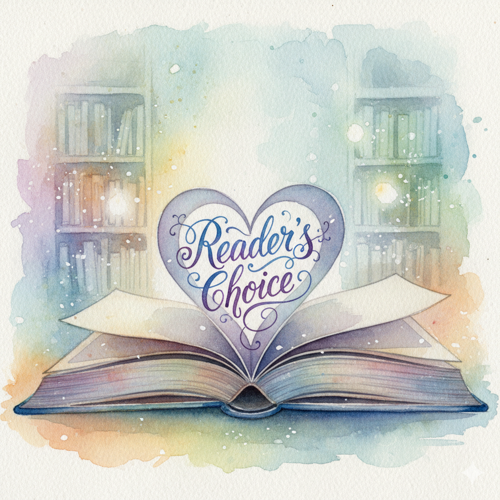 Beautiful watercolor image of an open book with the pages folded inward to create the shape of a hear with the words Reader's Choice written in the middle of the heart.