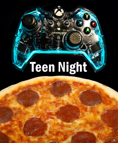 Teen Night showing Xbox controller and pizza