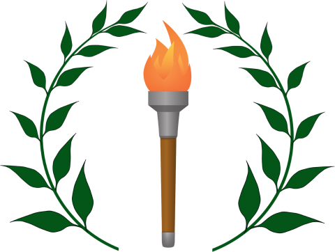 Illustration of a laurel wreath with an Olympic torch in the center.