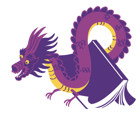 Illustration of a purple Chinese Dragon popping out of a book.
