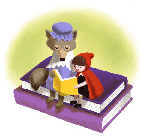 Illustration of Little Red Riding Hood and the Wolf dressed as grandma reading a book together while sitting on a stack of books.