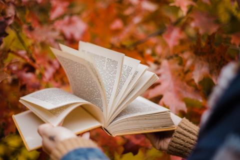 Person flipping through a book with fall leaves in the background.