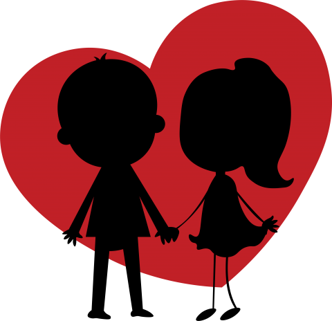 Illustration of a red heart with the silhouette of a boy and girl holding hands in front.