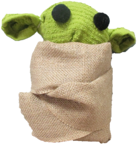 Baby Yoda made out of a washcloth, pom poms, and burlap.