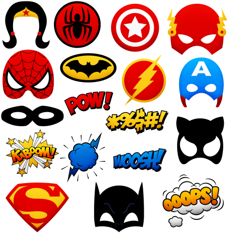 A collage of superhero masks, logos, and words.