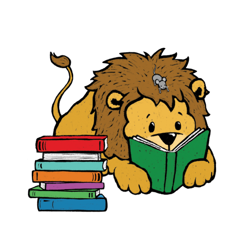 Selina Yoon illustration of a lion reading a book with a mouse on his head.