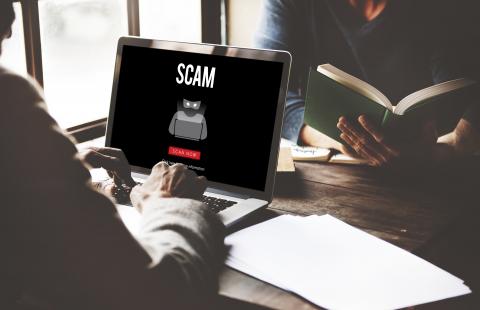 Image of a person looking at a computer screen with the word SCAM on it with a person reading a book in the background.