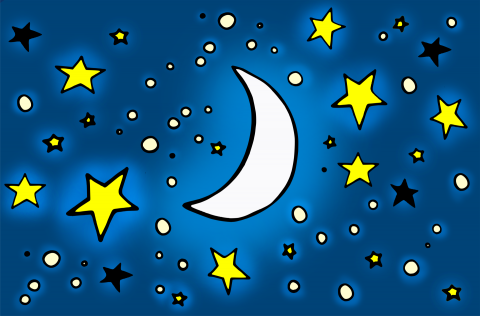 Illustrated moon and stars in a night sky.