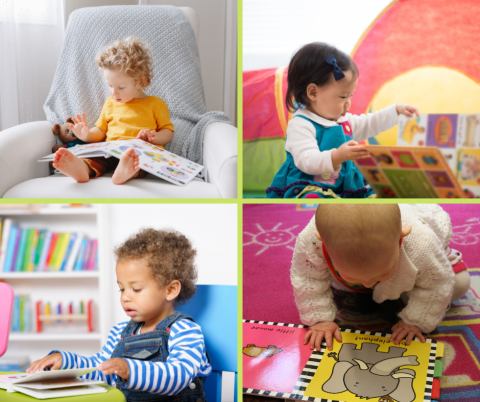 Collage of young children with books.
