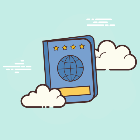 Illustration of a passport in the sky with clouds