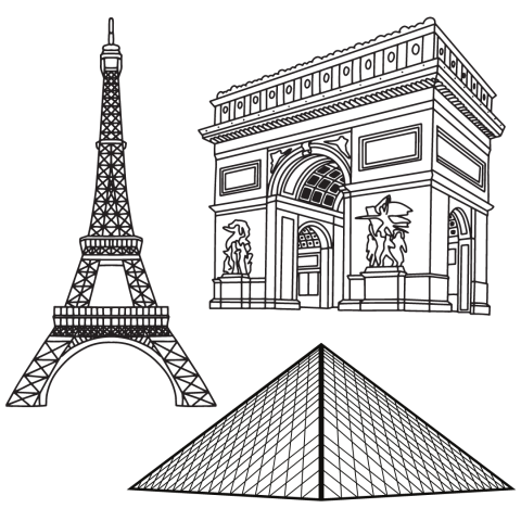 Line drawings of the Eiffel Tower, the Louvre, and the Arc De Triomphe