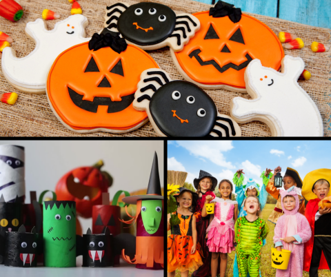 Photo collage of Halloween cookies, crafts and kids in costumes.