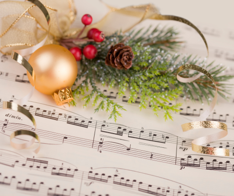 Sheet Music, Christmas Ornament, Greenery.