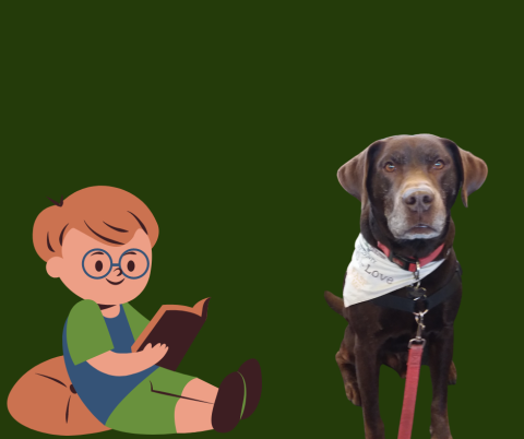 Illustration of a Child Reading to a chocolate lab on a red leash. 