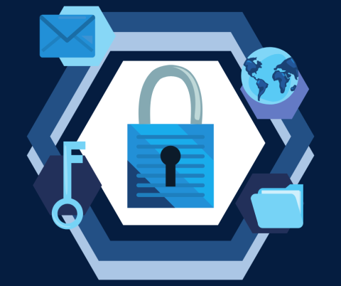 Blue Cybersecurity Icon with lock, envelope, globe, file folder, and a key.
