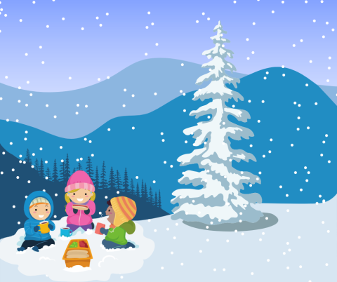 Illustration of children drinking hot chocolate in the snow in front of mountains.