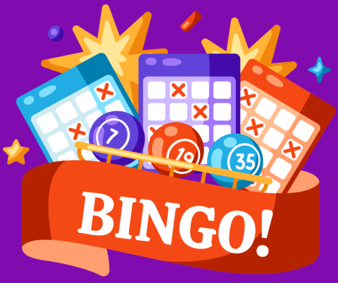 Illustration of Bingo boards, Bingo balls, and a banner that says BINGO!