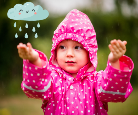 Illustration of a happy raincloud on top of a photo of a girl in a pink raincoat.