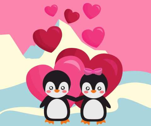 Illustration of a boy and a girl penguin holding flippers with hearts floating behind them.