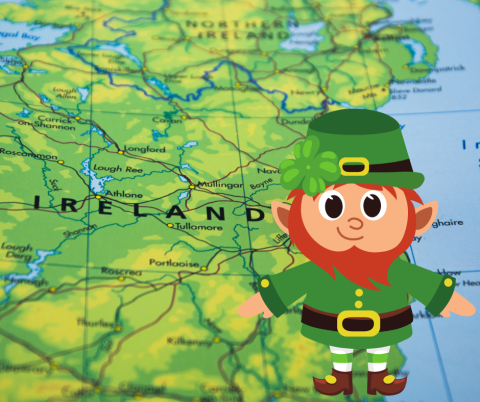 Illustration of a leprechaun on a map of Ireland.