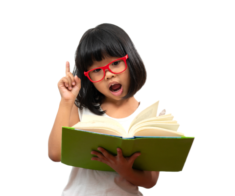 Young girl in glasses, holding a book.