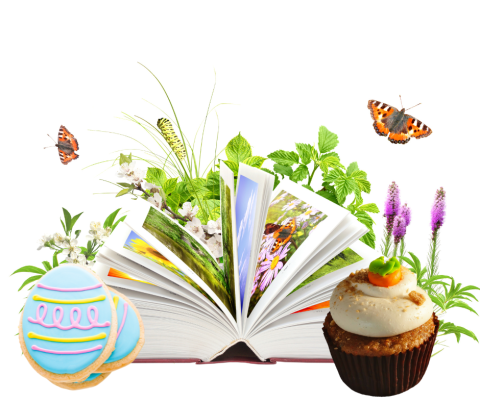 Easter egg cookies, a cupcake, and a floral book with butterflies and more.